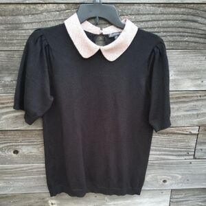 Adrianna Papell Black Top with Polka Dot Pink Collar Size Medium